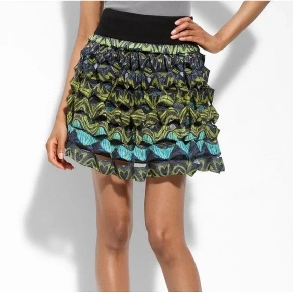 Diane von Furstenberg Gunita Mini Skirt Green Blue Open Work Wave Print SZ 4 - Picture 2 of 14